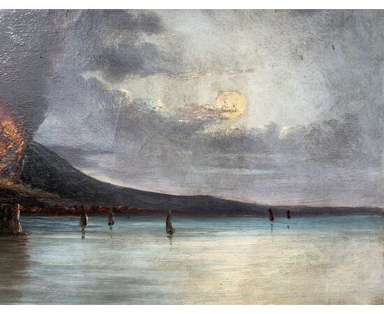 Pittore italiano (XIX sec.) - Golfo di Napoli col Vesuvio in eruzione.