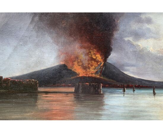 Pittore italiano (XIX sec.) - Golfo di Napoli col Vesuvio in eruzione.