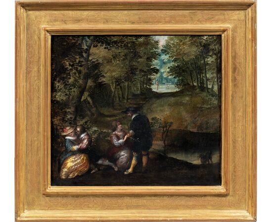 Lodewijk Toeput, detto Ludovico Pozzoserrato (Anversa o Malines 1550 ca. - Treviso 1604 o 1605) - Incontro fra dame e cavalieri in un paesaggio.