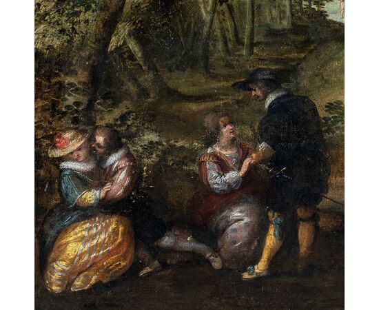 Lodewijk Toeput, detto Ludovico Pozzoserrato (Anversa o Malines 1550 ca. - Treviso 1604 o 1605) - Incontro fra dame e cavalieri in un paesaggio.