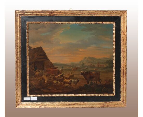 Olio su tela olandese del 1700 raffigurante animali al pascolo