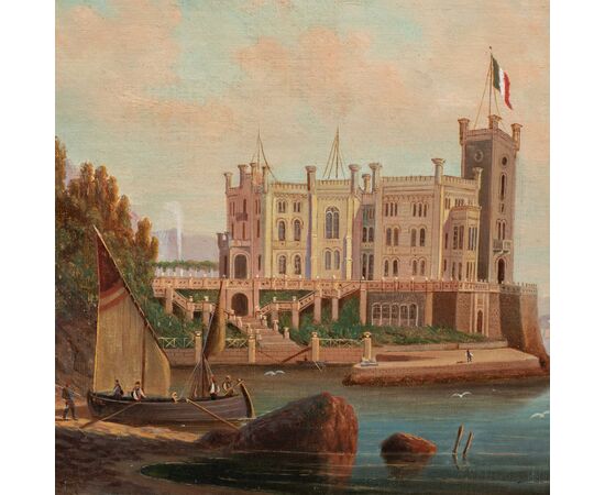 Pittore italiano (inizi XX sec.) - Trieste, veduta del Castello di Miramare con la bandiera italiana.