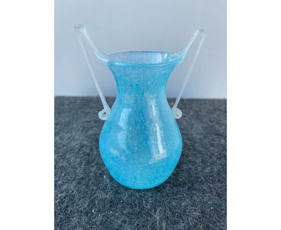 Two-handled pulegoso blue glass jar.Fratelli Toso.Murano     