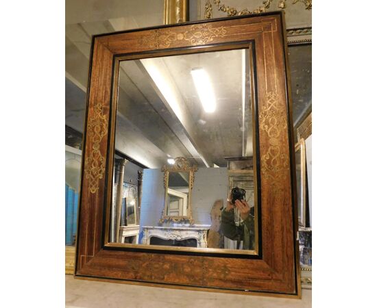 specc300 - walnut mirror with golden inlays, early 1900s, measuring cm l 80 xh 100     