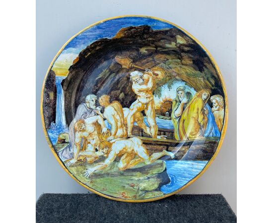 Piatto in maiolica con decoro istoriato dalla Divina Commedia con descrizione scena.Manifattura di Angelo Minghetti.Bologna.