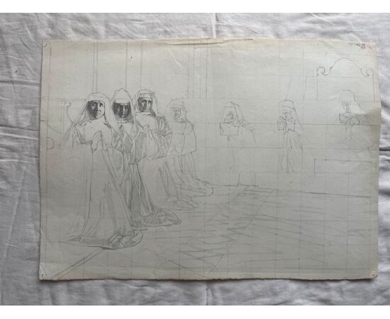 Drawing-sketch in pencil on paper with figures of nuns in prayer. (Arturo Pietra Archive, Bologna).     