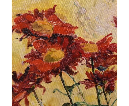 QUADRI ANTICHI, ART DECO, NATURA MORTA, FIORI DI MARGHERITE ROSSE, OLIO SU TELA, XX SECOLO. (QF690)