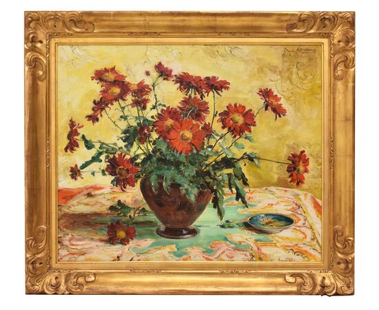 QUADRI ANTICHI, ART DECO, NATURA MORTA, FIORI DI MARGHERITE ROSSE, OLIO SU TELA, XX SECOLO. (QF690)