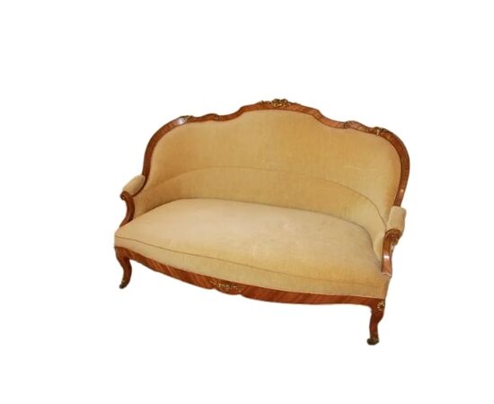 Salotto Luigi XV con bronzi in legno di Bois de Rose Divano 2 Poltrone e 2 Sedie