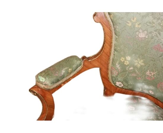 Salotto Luigi XV con bronzi in legno di Bois de Rose Divano 2 Poltrone e 2 Sedie