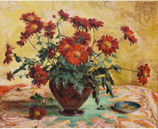 QUADRI ANTICHI, ART DECO, NATURA MORTA, FIORI DI MARGHERITE ROSSE, OLIO SU TELA, XX SECOLO. (QF690)