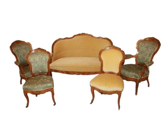 Salotto Luigi XV con bronzi in legno di Bois de Rose Divano 2 Poltrone e 2 Sedie