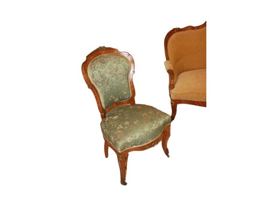 Salotto Luigi XV con bronzi in legno di Bois de Rose Divano 2 Poltrone e 2 Sedie