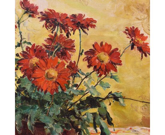 QUADRI ANTICHI, ART DECO, NATURA MORTA, FIORI DI MARGHERITE ROSSE, OLIO SU TELA, XX SECOLO. (QF690)