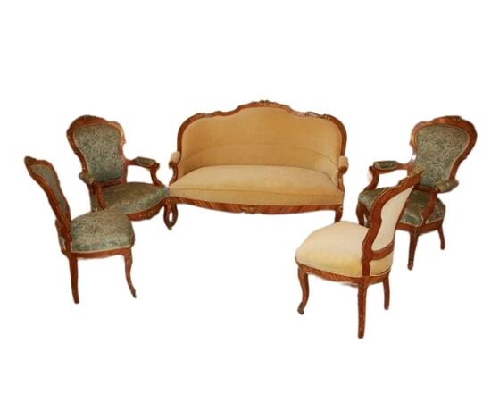 Salotto Luigi XV con bronzi in legno di Bois de Rose Divano 2 Poltrone e 2 Sedie