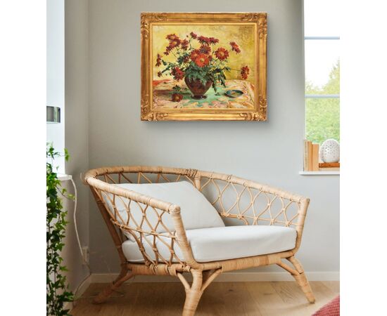 QUADRI ANTICHI, ART DECO, NATURA MORTA, FIORI DI MARGHERITE ROSSE, OLIO SU TELA, XX SECOLO. (QF690)