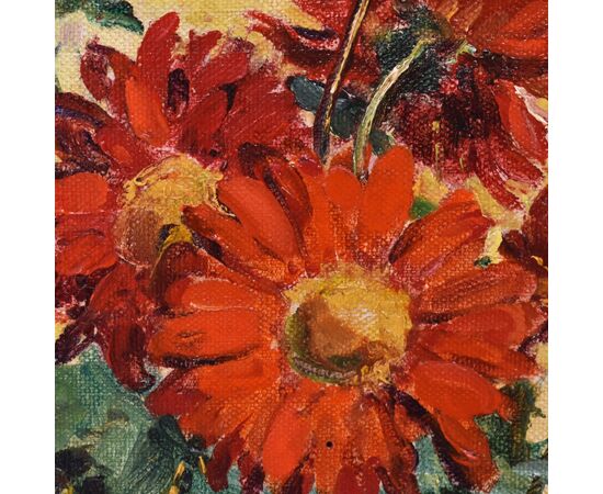 QUADRI ANTICHI, ART DECO, NATURA MORTA, FIORI DI MARGHERITE ROSSE, OLIO SU TELA, XX SECOLO. (QF690)