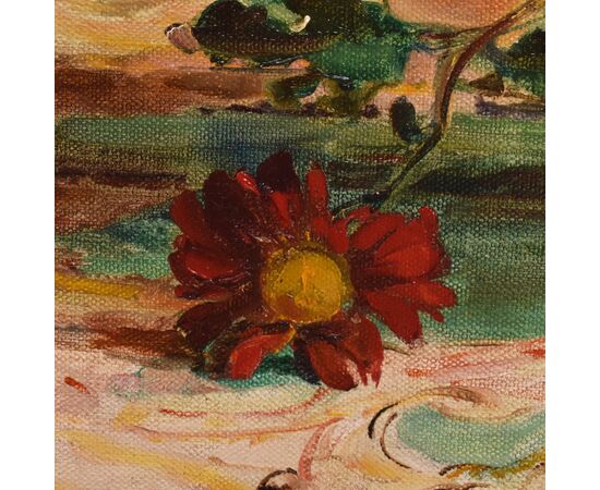 QUADRI ANTICHI, ART DECO, NATURA MORTA, FIORI DI MARGHERITE ROSSE, OLIO SU TELA, XX SECOLO. (QF690)