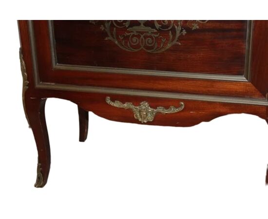 Vetrina ad 1 porta stile Transizione in legno di mogano con applicazioni in bronzo