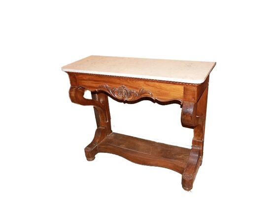 Consolle francese stile Luigi Filippo in legno di noce con piano in marmo cassetto e motivi di intaglio