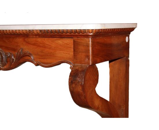 Consolle francese stile Luigi Filippo in legno di noce con piano in marmo cassetto e motivi di intaglio