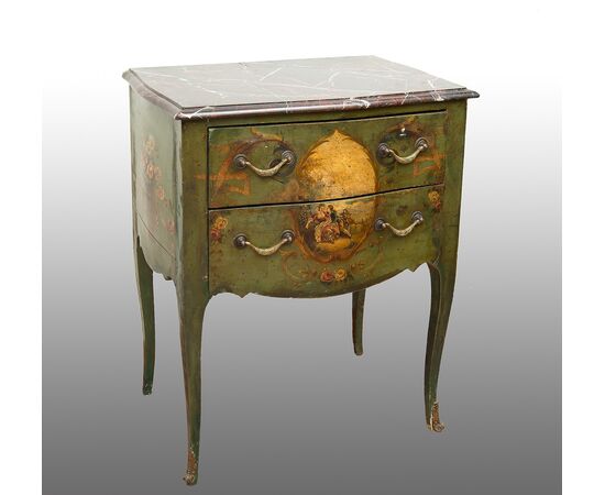 Comodino Luigi XIV Francese in legno laccato e dipinto Stampigliato "Dubois 1683".