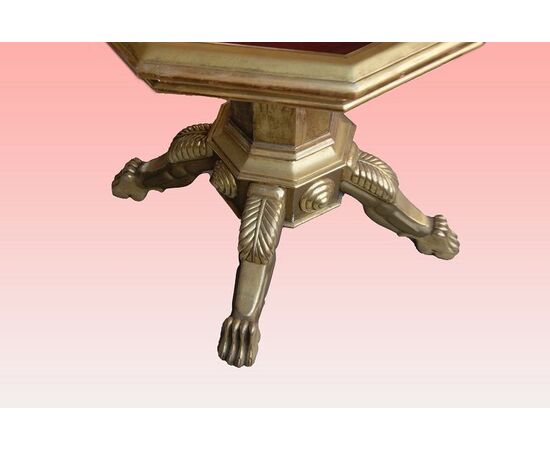 Tavolino francese stile Impero a bacheca del 1800 in legno dorato foglia oro