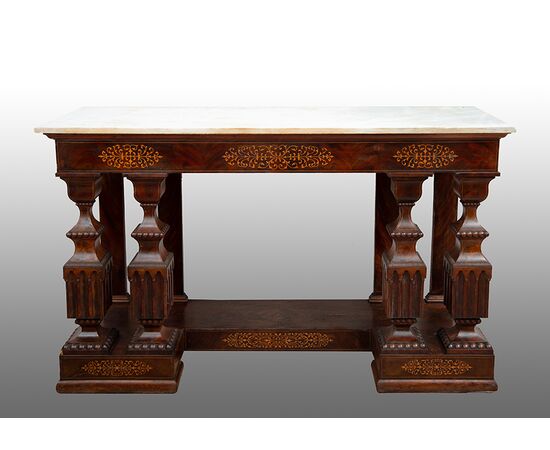 Consolle antica Smith Napoletana in piuma di mogano con innesti di intarsio in acero. Periodo inizio XIX secolo.