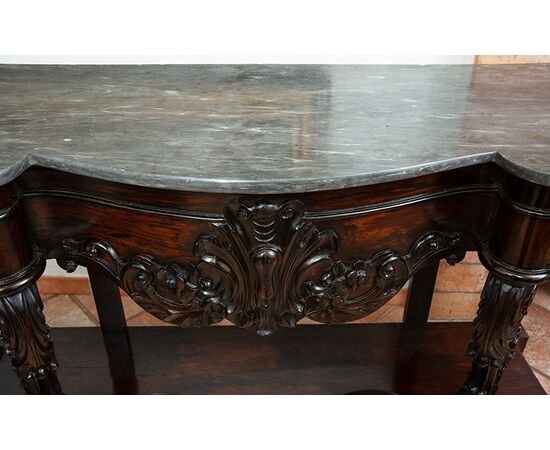 Consolle antica Luigi Filippo Napoletana in legno esotico pregiato con piano in marmo grigio bardiglio. Periodo XIX secolo.