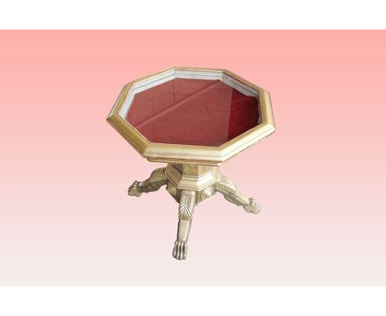 Tavolino francese stile Impero a bacheca del 1800 in legno dorato foglia oro