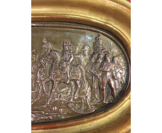 Oval copper plaque depicting the Napoleonic battle of Austerlitz with a contemporary 19th-century frame.