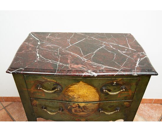 Comodino Luigi XIV Francese in legno laccato e dipinto Stampigliato "Dubois 1683".
