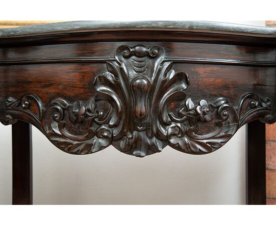 Consolle antica Luigi Filippo Napoletana in legno esotico pregiato con piano in marmo grigio bardiglio. Periodo XIX secolo.