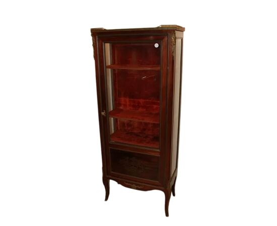Vetrina ad 1 porta stile Transizione in legno di mogano con applicazioni in bronzo
