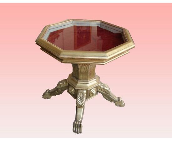 Tavolino francese stile Impero a bacheca del 1800 in legno dorato foglia oro