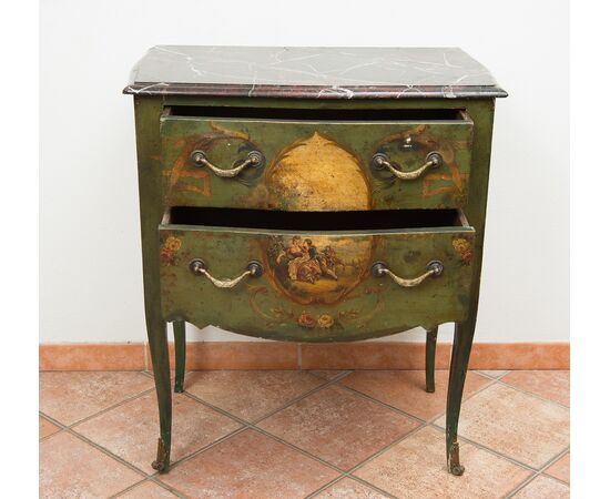 Comodino Luigi XIV Francese in legno laccato e dipinto Stampigliato "Dubois 1683".