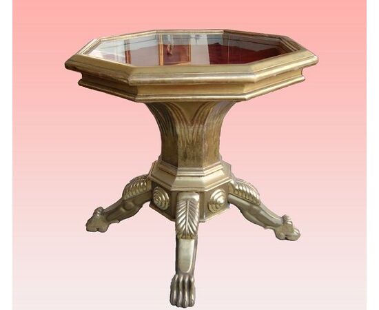 Tavolino francese stile Impero a bacheca del 1800 in legno dorato foglia oro