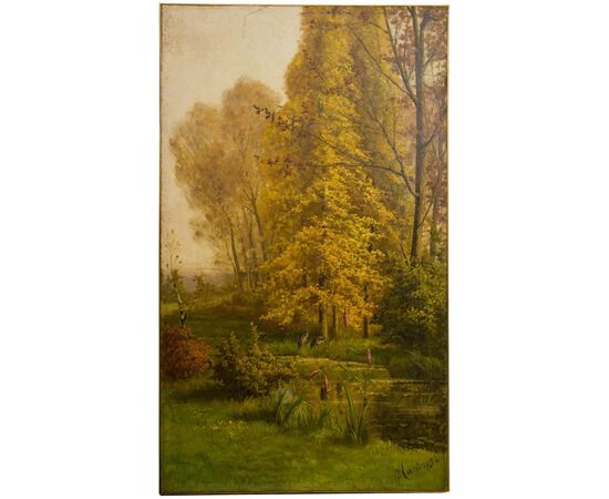 Large antique Spring-Summer landscape painting, also suitable as a sliding door - O/7362