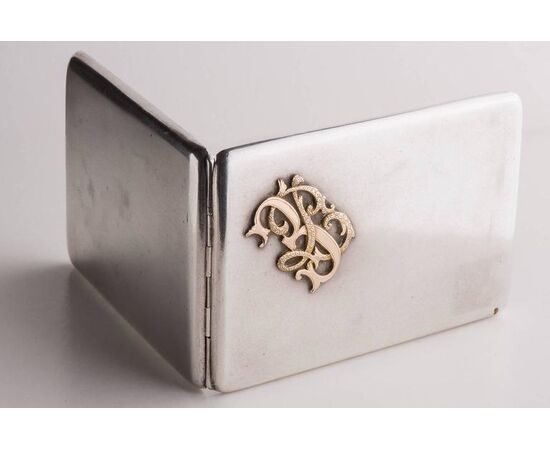 Antique Italian silver cigar case with gold initials - A/EP