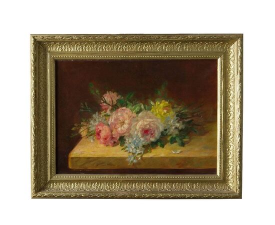 "Rose sul tavolo" olio su tela francese Ottocento - O/6796