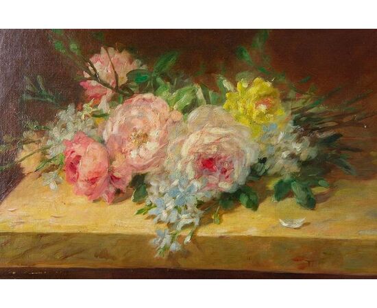 "Rose sul tavolo" olio su tela francese Ottocento - O/6796