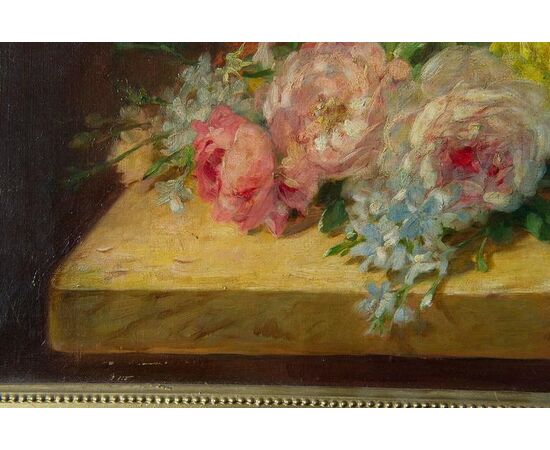 "Rose sul tavolo" olio su tela francese Ottocento - O/6796