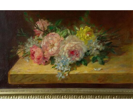 "Rose sul tavolo" olio su tela francese Ottocento - O/6796