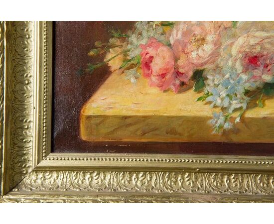 "Rose sul tavolo" olio su tela francese Ottocento - O/6796