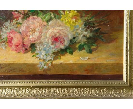 "Rose sul tavolo" olio su tela francese Ottocento - O/6796