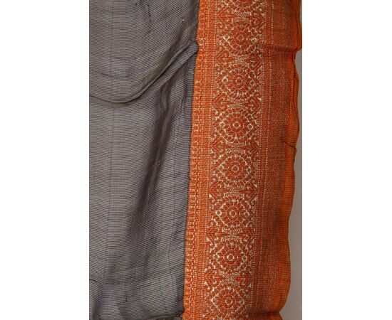 Antique Indian Sari, brown color, brick red and gold border - B/1524