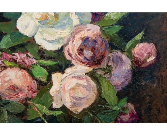 Roses in a vase on the table, French painting - O/5501