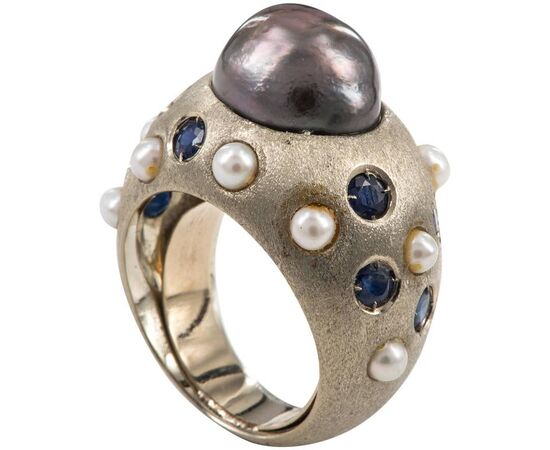 Ring with black pearl, sapphires and pearls - SN/E