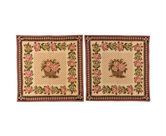 Pair of small square embroidered Needle Point rugs - no. 361-362