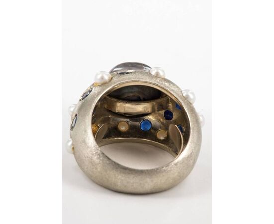 Ring with black pearl, sapphires and pearls - SN/E